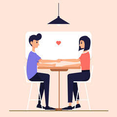 vector illustration of woman and man in love. man holding woman's hand. while staring at him. with a love icon in the center.