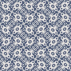 Seamless french farmhouse linen printed floral damask background. Provence blue gray linen pattern texture. Shabby chic style woven blur background. Textile rustic all over print