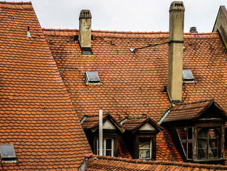 brown old roof near green trees. roofing tiles. european house. vintage roof tiles. orange color....
