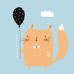 Funny Birthday Vector Card with Cute Ginger Fox Holding Black Dotted Balloon. Simple Infantile Style Illustration ideal for Card, Invitation, Greeting. Sweet Hand Drawn Fox on a Light Blue Background.