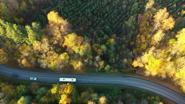 Winding road along autumn forest, at sunset, top view. Cars move along road between autumn trees, camera follows them.
