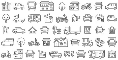 家と車と二輪車と植物のアイコンセット 隙間あり未拡張の線のみ 分類バージョン Assortment Wall Mural Assortme 深澤カラス