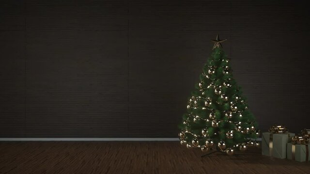 Decorated christmas tree with lots of presents in an empty classic room. 3d rendering