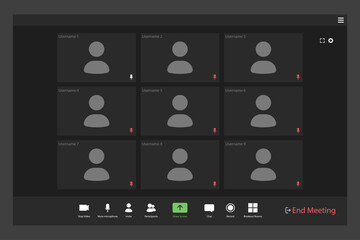 Video conference user interface. Video call screen interface template. Application for social communication. nine users.