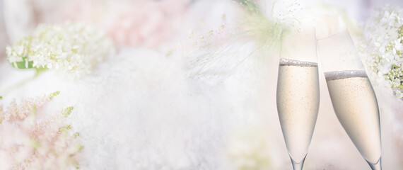 Abstract bright spring background with champagne. Blurred delicate spring blossoms for a wedding...