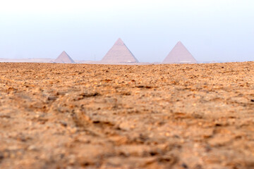 Egypt . Giza . Cairo . general view of three pyramids Menkaure , khafre  , khufu