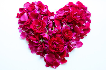 Mockup of red rose petals in the form of a heart on a white background