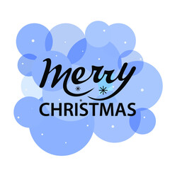 Merry Christmas hand lettering on the blue background with snow.  Christmas greeting card. Vector illustration for holiday invitations, banners, postcards, holiday packages, flyers, calendar.