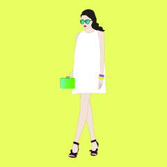 Fashion woman model in white dress and with glasses. Vector illustration. Beautiful young women. Fashion illustration. Change the colors of dresses and accessories. Fashion lady brunette.