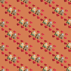 Seamless pattern of a loving couple of different races in protective masks surrounded by hearts. The concept of celebrating Valentine's Day