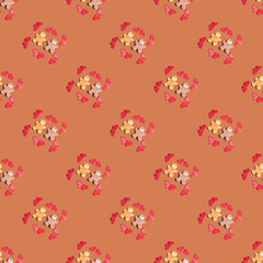 Seamless pattern of a loving couple of different races in protective masks during the coronavirus pandemic, surrounded by hearts. The concept of celebrating Valentine's Day