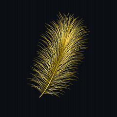 Golden feather. Vector illustration on a black background. Shiny texture for wrapping paper, web, wallpaper, textile, scrapbooking, print etc. Creative feathers background.