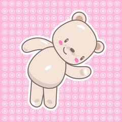Drawn cartoon little teddy bear on a pink background flower. Dances and jumps.