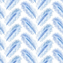 Elegant blue feathers. Seamless vector illustration.  Blue feathers texture for wrapping paper, web, wallpaper, textile, scrapbooking, print etc. Creative feathers background.