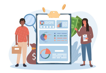 Obraz na płótnie Canvas Male and female characters making accounting and audit. Man and woman standing next to clipboard with infographics and money on the background. Flat cartoon vector illustration