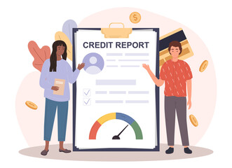 Male and female characters standing next to clipboard with credit report. Concept of personal credit score information and financial rating. Flat cartoon vector illustration