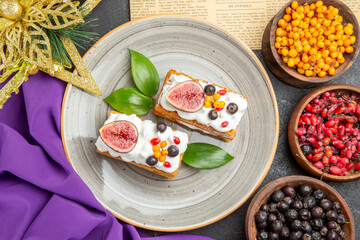 top view yummy waffle cakes with fresh fruits on a dark background sweet cake photo cream dessert