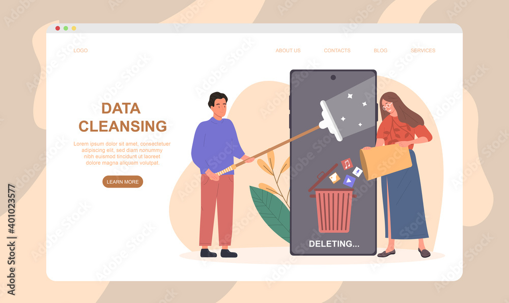 Wall mural people cleaning data on smartphone. concept of data and cache cleansing to reduce lagging and slow p