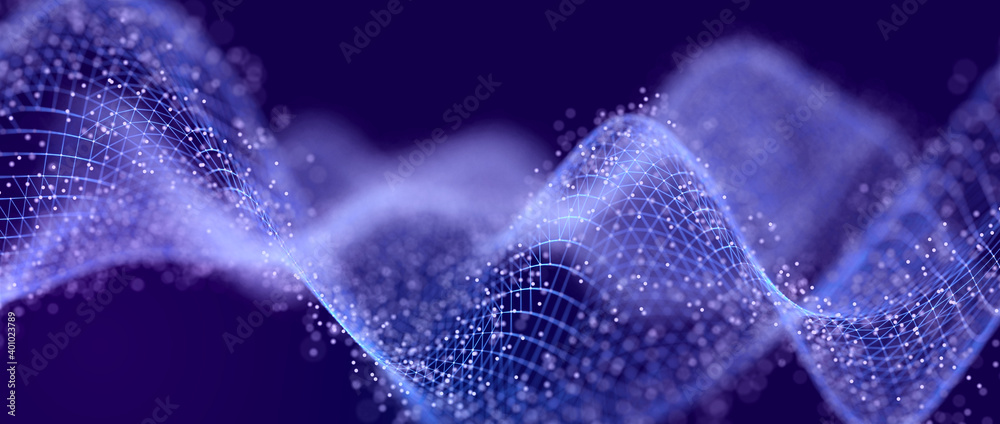 Poster Futuristic background of points with a dynamic wave. Excellent data visualization. 3D rendering.