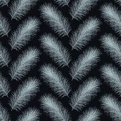 Elegant white feathers on a dark blue background. Seamless vector illustration.  Black and white texture for wrapping paper, wallpaper, textile, scrapbooking, print etc. Creative feathers background.