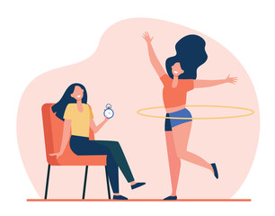 Woman helping female friend with hula hoop to train body. Stopwatch, timer, trainer flat vector illustration. Fitness, activity, exercise concept for banner, website design or landing web page