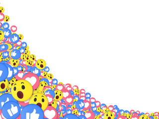 Many love wow and like reaction emojis at lower left corner on a white background. Postive social media and communications concept wallpaper graphic or backdrop.