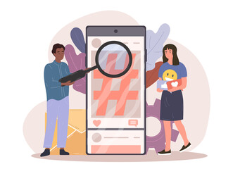 Social media hashtag on smartphone screen. Male and female characters using social media hashtags with magnifier. Flat cartoon vector illustration