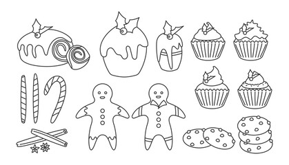 Christmas sweet food linear set. Winter dessert. Traditional treat pudding, cupcake, gingerbread man. Pastry as symbol New Year holiday. Tasty celebration snack. Isolated on white vector illustration.