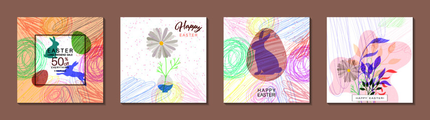 Easter banners, backgrounds. Trendy Easter square abstract templates. Suitable for social media posts, mobile apps, cards, invitations, banners design and web or internet ads. Vector illustration.