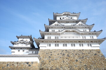 Himeji Castle (Himejijo) from low angle, Hyogo prefecture, Japan - 姫路城 兵庫県 姫路市 日本	