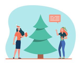 Happy girls decorating Christmas tree. Present, gift, stocking flat vector illustration. Xmas, eve, celebration concept for banner, website design or landing web page