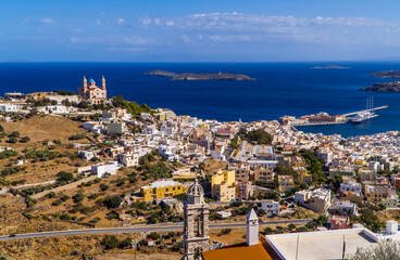 aegean, aerial, anastaseos, architecture, bay, blue, boat, building, buildings, capital, church, city, cityscape, coast, coastline, cyclades, ermoupoli, europe, european, greece, greek, harbor, indust