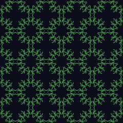 Seamless pattern of green spiders on a dark background. Abstract creative composition.Geometric spiders ornament. Vector illustration for fabric design, textile print, packaging, scrapbooking, etc.