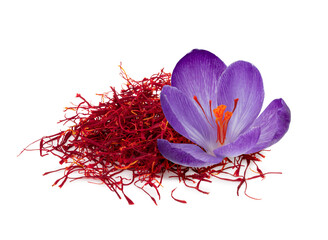 Saffron spice with flower isolated on white background