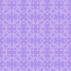 Seamless pattern of white spiders on a violet background. Abstract creative composition.Geometric spiders ornament. Vector illustration for fabric design, textile print, packaging, scrapbooking, etc.