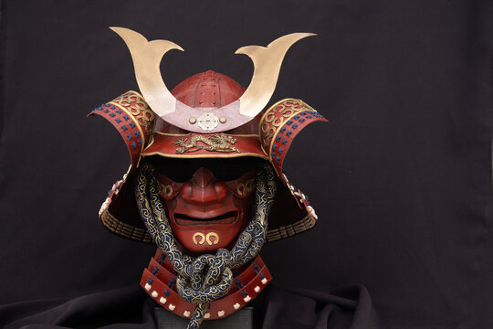 kabuto helmet from a samurai armor. Shown with a black background