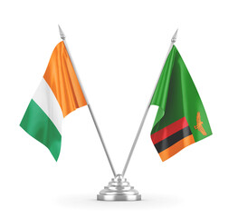 Zambia and Cote d'Ivoire Ivory coast table flags isolated on white 3D rendering