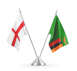 Zambia and England table flags isolated on white 3D rendering