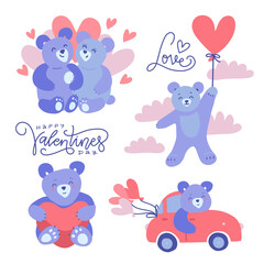 Adorable lilac teddy bears - couples and single. Characters hug, fly on balloon, driving car ans holding heart. Valentines day card. Isolated cartoon flat vector illustrations set.
