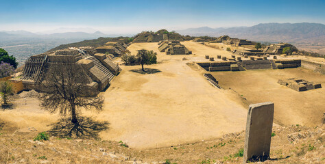 Panoramic view of pre-Columbian archaeological site of Monte Alban in Mexico near Oaxaca city by a...