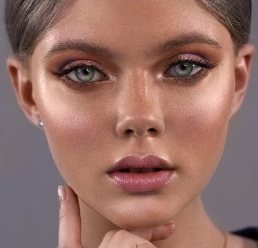 Close-up of a woman's face. Clean healthy skin. Beautiful make-up. The beauty.