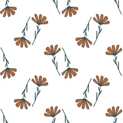 Isolated seamless pattern with orange outline daisy ornament. White background.