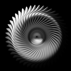 3d render with black and white monochrome abstract art surreal glass sphere with industrial mechanical turbine engine inside with curve fractal structure in white ceramic and metal parts on black 