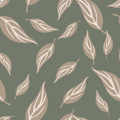 Random pale seamless pattern with simple outline leaf silhouettes. Grey tones artwork.