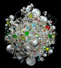 3d render of abstract art with surreal cube or box based on small and big festive party balls in plastic glass and metal material in white yellow red and blue color on isolated black background