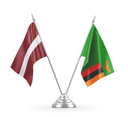 Zambia and Latvia table flags isolated on white 3D rendering