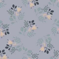 Obraz premium Simple decorative seamless pattern with floral doodle ornament. Leaves and flowers silhouettes in blue colors.