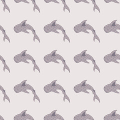 Simple seamless hand drawn pattern with pale whale shark elements. Light pastel background.