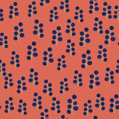 Abstract food seamless pattern with navy blue colored blackberry elements. Orange background.