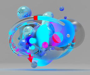 3d render of abstract art with surreal flying meta balls spheres bubbles or festive party balloons ring with parallel lines pattern on surface in neon glowing pink azure and blue color lights on grey